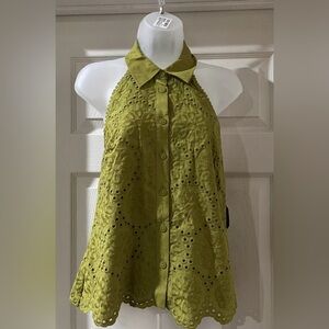 Ryegrass Green Floral Lace Tie Mock Neck Sleeveless Tunic Blouse Size 4